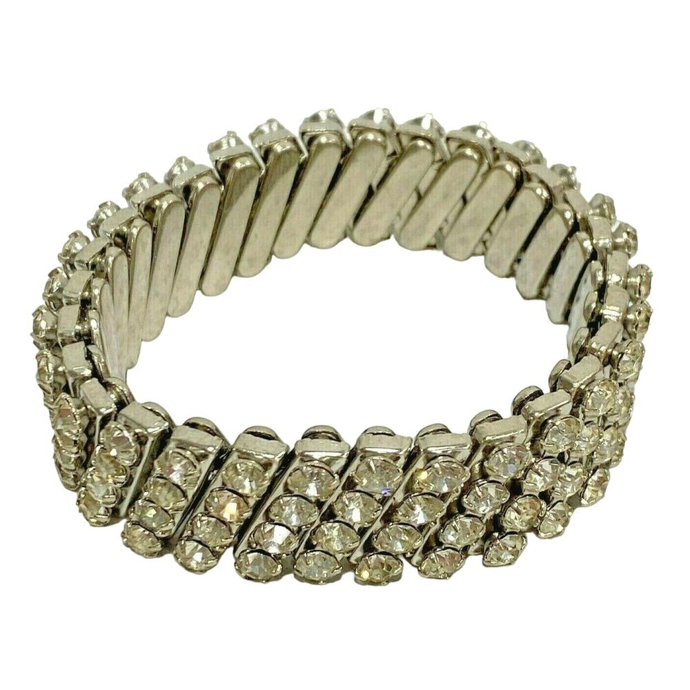 Vintage Mid Century Accordion Stretch Bracelet Silver Tone & White Rhinestones